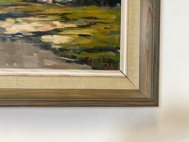 WMK Stimmungsvolles & gut erhaltenes Öl auf Leinwand Gemälde 62x45cm aus 1963 mit originalem Holzrahmen, signiert jedoch nicht zuzuordnen # Bild Wandgemälde Ölgemälde Boote Meer Haus Schweden Vintage