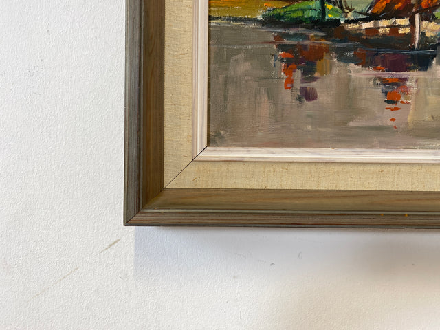 WMK Stimmungsvolles & gut erhaltenes Öl auf Leinwand Gemälde 62x45cm aus 1963 mit originalem Holzrahmen, signiert jedoch nicht zuzuordnen # Bild Wandgemälde Ölgemälde Boote Meer Haus Schweden Vintage