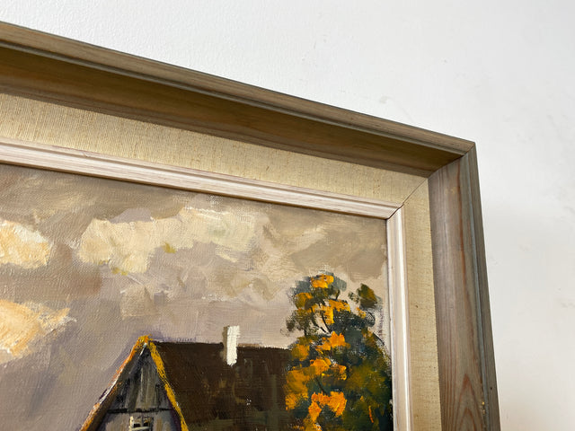 WMK Stimmungsvolles & gut erhaltenes Öl auf Leinwand Gemälde 62x45cm aus 1963 mit originalem Holzrahmen, signiert jedoch nicht zuzuordnen # Bild Wandgemälde Ölgemälde Boote Meer Haus Schweden Vintage