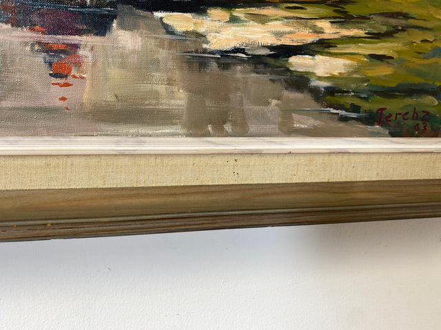 WMK Stimmungsvolles & gut erhaltenes Öl auf Leinwand Gemälde 62x45cm aus 1963 mit originalem Holzrahmen, signiert jedoch nicht zuzuordnen # Bild Wandgemälde Ölgemälde Boote Meer Haus Schweden Vintage