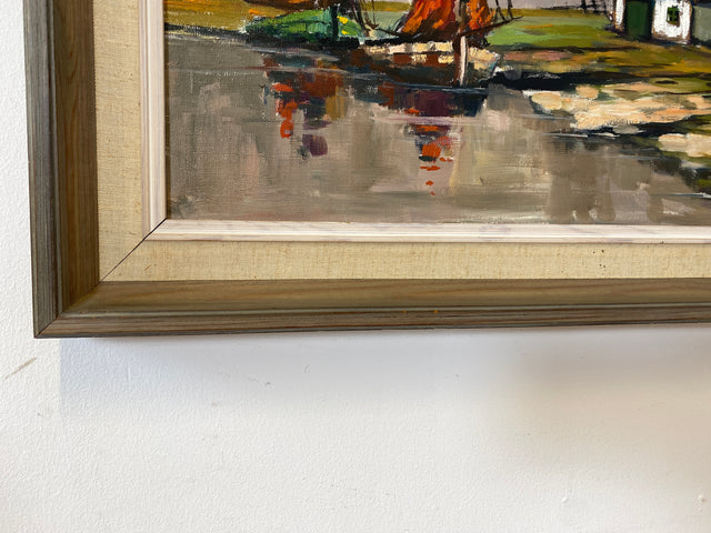 WMK Stimmungsvolles & gut erhaltenes Öl auf Leinwand Gemälde 62x45cm aus 1963 mit originalem Holzrahmen, signiert jedoch nicht zuzuordnen # Bild Wandgemälde Ölgemälde Boote Meer Haus Schweden Vintage