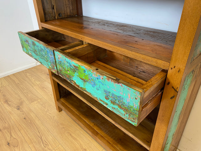 Boatwood by WMK # Einzigartiges Bücherregal mit Schubladen , ein aus altem Bootsholz handgefertigtes Unikat aus massivem Teakholz # Bücherschrank Regal Highboard Holzregal Küchenregal Raumtrenner Teak