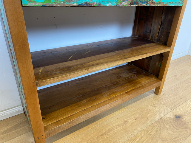 Boatwood by WMK # Einzigartiges Bücherregal mit Schubladen , ein aus altem Bootsholz handgefertigtes Unikat aus massivem Teakholz # Bücherschrank Regal Highboard Holzregal Küchenregal Raumtrenner Teak