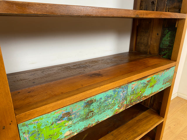Boatwood by WMK # Einzigartiges Bücherregal mit Schubladen , ein aus altem Bootsholz handgefertigtes Unikat aus massivem Teakholz # Bücherschrank Regal Highboard Holzregal Küchenregal Raumtrenner Teak