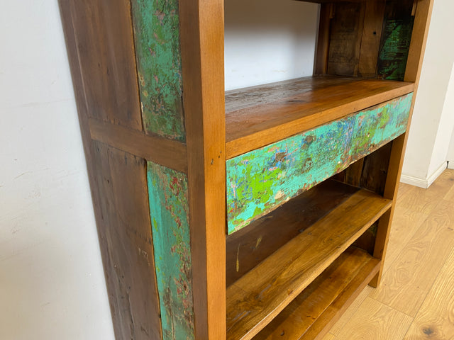 Boatwood by WMK # Einzigartiges Bücherregal mit Schubladen , ein aus altem Bootsholz handgefertigtes Unikat aus massivem Teakholz # Bücherschrank Regal Highboard Holzregal Küchenregal Raumtrenner Teak