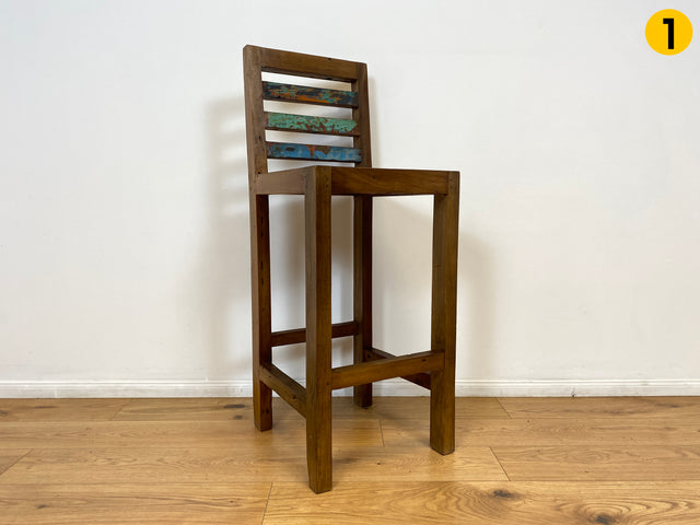 Boatwood by WMK # Bunterschöner Barhocker aus altem Bootsholz, ein handgefertigtes Unikat aus massivem Teakholz # Barstuhl Hocker Sitzhocker Stuhl Küchenstuhl Holzstuhl Bar Stool Hausbar Gastro