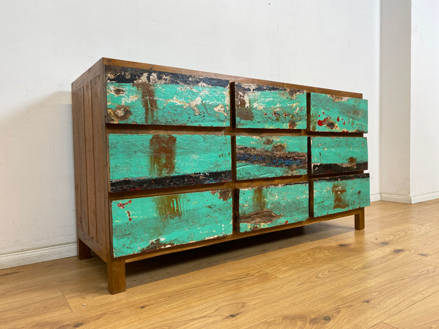 Boatwood by WMK # Wunderschönes & nachhaltiges Sideboard mit 9 Schubladen, ein aus altem Bootsholz handgefertigtes Unikat aus massivem Teakholz # Kommode Wäschekommode Schrank Anrichte Bootsmöbel Teak