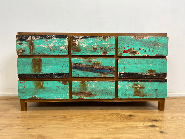 Boatwood by WMK # Wunderschönes & nachhaltiges Sideboard mit 9 Schubladen, ein aus altem Bootsholz handgefertigtes Unikat aus massivem Teakholz # Kommode Wäschekommode Schrank Anrichte Bootsmöbel Teak