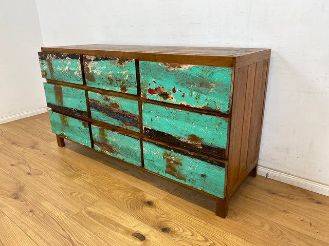 Boatwood by WMK # Wunderschönes & nachhaltiges Sideboard mit 9 Schubladen, ein aus altem Bootsholz handgefertigtes Unikat aus massivem Teakholz # Kommode Wäschekommode Schrank Anrichte Bootsmöbel Teak