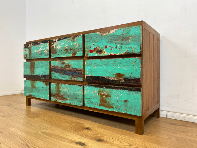 Boatwood by WMK # Wunderschönes & nachhaltiges Sideboard mit 9 Schubladen, ein aus altem Bootsholz handgefertigtes Unikat aus massivem Teakholz # Kommode Wäschekommode Schrank Anrichte Bootsmöbel Teak