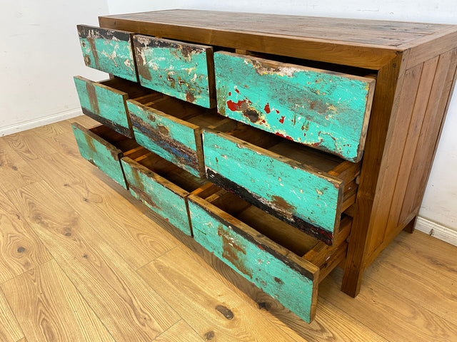 Boatwood by WMK # Wunderschönes & nachhaltiges Sideboard mit 9 Schubladen, ein aus altem Bootsholz handgefertigtes Unikat aus massivem Teakholz # Kommode Wäschekommode Schrank Anrichte Bootsmöbel Teak