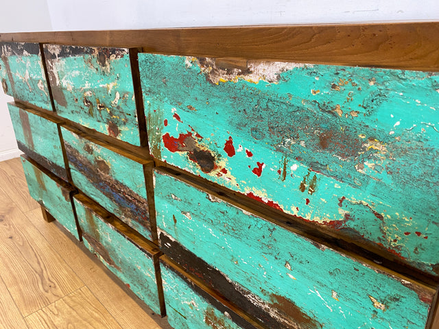 Boatwood by WMK # Wunderschönes & nachhaltiges Sideboard mit 9 Schubladen, ein aus altem Bootsholz handgefertigtes Unikat aus massivem Teakholz # Kommode Wäschekommode Schrank Anrichte Bootsmöbel Teak