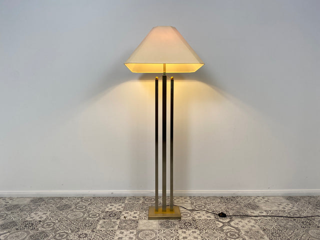 WMK Stilvolle 70er Jahre Stehlampe von N Licht , vierstrahlig, mit Pagoden Stoffschirm und Lampenfuß aus gebürstetem Metall # Stehleuchte Leselampe Lampe Leuchte Wohnzimmerlampe Space Age Vintage