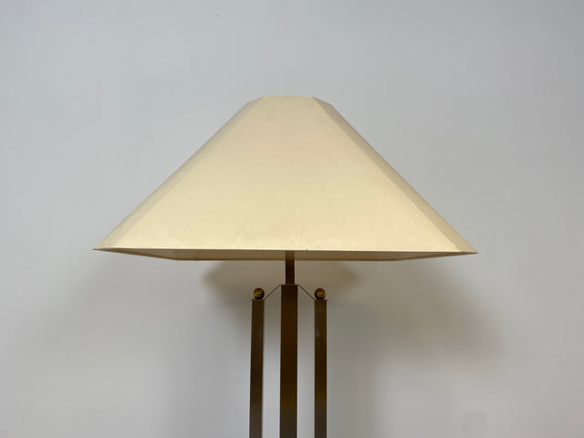 WMK Stilvolle 70er Jahre Stehlampe von N Licht , vierstrahlig, mit Pagoden Stoffschirm und Lampenfuß aus gebürstetem Metall # Stehleuchte Leselampe Lampe Leuchte Wohnzimmerlampe Space Age Vintage