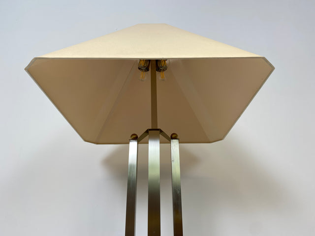 WMK Stilvolle 70er Jahre Stehlampe von N Licht , vierstrahlig, mit Pagoden Stoffschirm und Lampenfuß aus gebürstetem Metall # Stehleuchte Leselampe Lampe Leuchte Wohnzimmerlampe Space Age Vintage