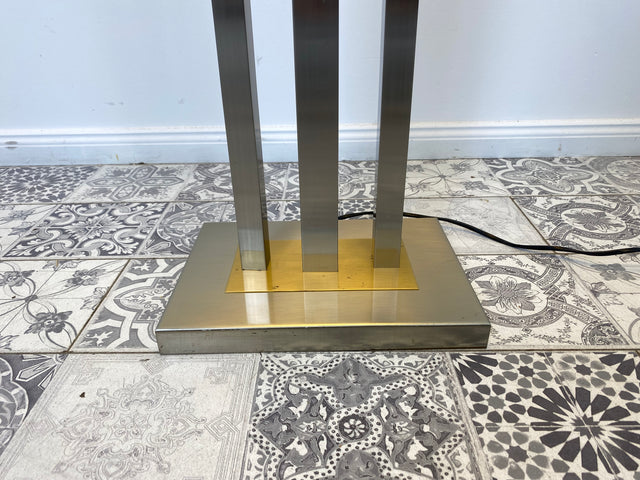 WMK Stilvolle 70er Jahre Stehlampe von N Licht , vierstrahlig, mit Pagoden Stoffschirm und Lampenfuß aus gebürstetem Metall # Stehleuchte Leselampe Lampe Leuchte Wohnzimmerlampe Space Age Vintage