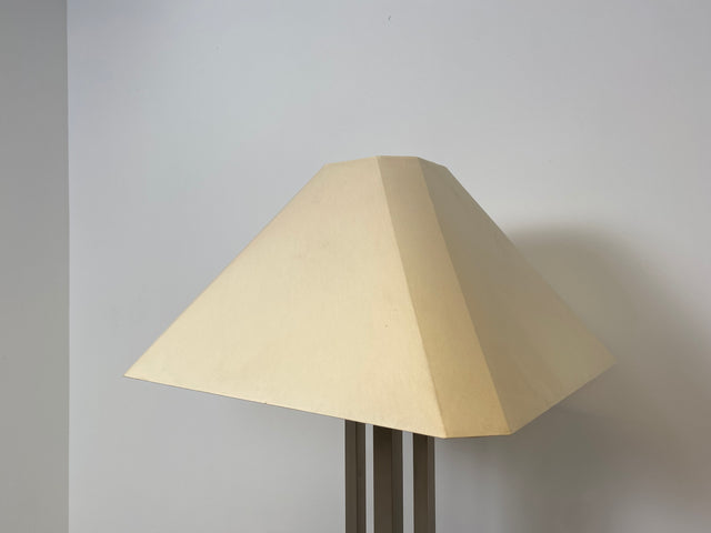 WMK Stilvolle 70er Jahre Stehlampe von N Licht , vierstrahlig, mit Pagoden Stoffschirm und Lampenfuß aus gebürstetem Metall # Stehleuchte Leselampe Lampe Leuchte Wohnzimmerlampe Space Age Vintage