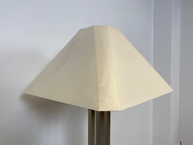 WMK Stilvolle 70er Jahre Stehlampe von N Licht , vierstrahlig, mit Pagoden Stoffschirm und Lampenfuß aus gebürstetem Metall # Stehleuchte Leselampe Lampe Leuchte Wohnzimmerlampe Space Age Vintage