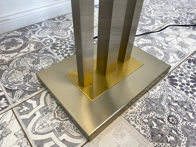 WMK Stilvolle 70er Jahre Stehlampe von N Licht , vierstrahlig, mit Pagoden Stoffschirm und Lampenfuß aus gebürstetem Metall # Stehleuchte Leselampe Lampe Leuchte Wohnzimmerlampe Space Age Vintage