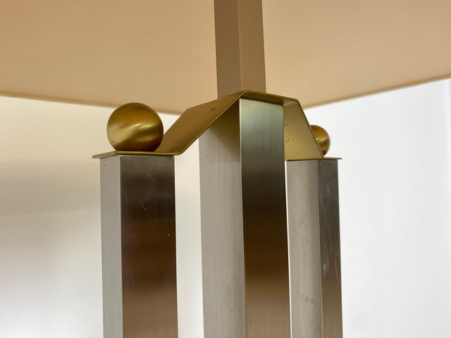 WMK Stilvolle 70er Jahre Stehlampe von N Licht , vierstrahlig, mit Pagoden Stoffschirm und Lampenfuß aus gebürstetem Metall # Stehleuchte Leselampe Lampe Leuchte Wohnzimmerlampe Space Age Vintage
