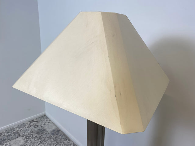 WMK Stilvolle 70er Jahre Stehlampe von N Licht , vierstrahlig, mit Pagoden Stoffschirm und Lampenfuß aus gebürstetem Metall # Stehleuchte Leselampe Lampe Leuchte Wohnzimmerlampe Space Age Vintage