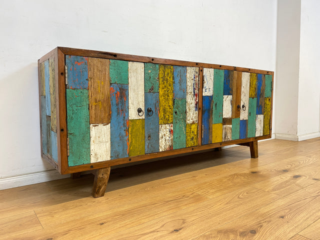 Boatwood by WMK # Bunterschönes & nachhaltiges Sideboard aus altem Bootsholz, ein handgefertigtes Unikat aus massivem Teakholz # Kommode TV-Lowboard Fernsehkommode Anrichte TV-Bank Bootsmöbel Teak