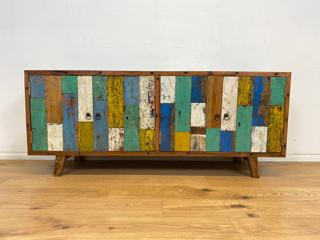 Boatwood by WMK # Bunterschönes & nachhaltiges Sideboard aus altem Bootsholz, ein handgefertigtes Unikat aus massivem Teakholz # Kommode TV-Lowboard Fernsehkommode Anrichte TV-Bank Bootsmöbel Teak