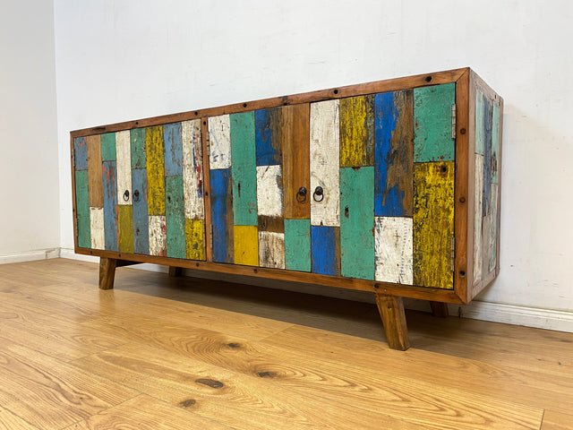 Boatwood by WMK # Bunterschönes & nachhaltiges Sideboard aus altem Bootsholz, ein handgefertigtes Unikat aus massivem Teakholz # Kommode TV-Lowboard Fernsehkommode Anrichte TV-Bank Bootsmöbel Teak