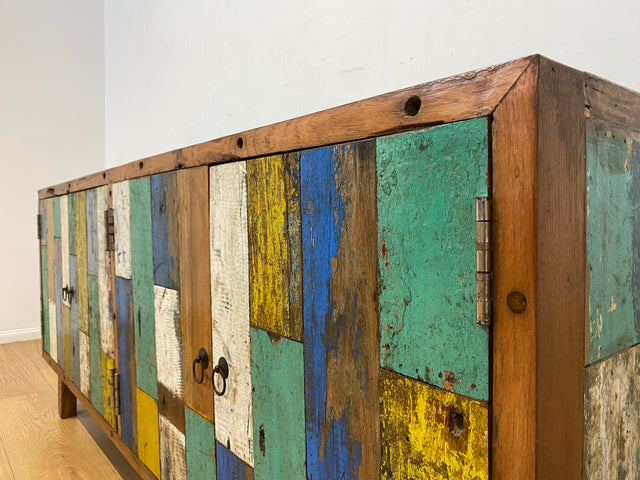 Boatwood by WMK # Bunterschönes & nachhaltiges Sideboard aus altem Bootsholz, ein handgefertigtes Unikat aus massivem Teakholz # Kommode TV-Lowboard Fernsehkommode Anrichte TV-Bank Bootsmöbel Teak