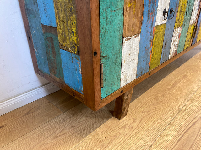 Boatwood by WMK # Bunterschönes & nachhaltiges Sideboard aus altem Bootsholz, ein handgefertigtes Unikat aus massivem Teakholz # Kommode TV-Lowboard Fernsehkommode Anrichte TV-Bank Bootsmöbel Teak