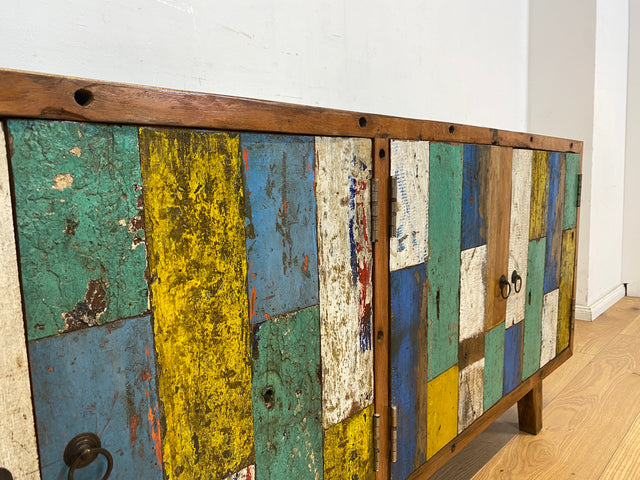 Boatwood by WMK # Bunterschönes & nachhaltiges Sideboard aus altem Bootsholz, ein handgefertigtes Unikat aus massivem Teakholz # Kommode TV-Lowboard Fernsehkommode Anrichte TV-Bank Bootsmöbel Teak