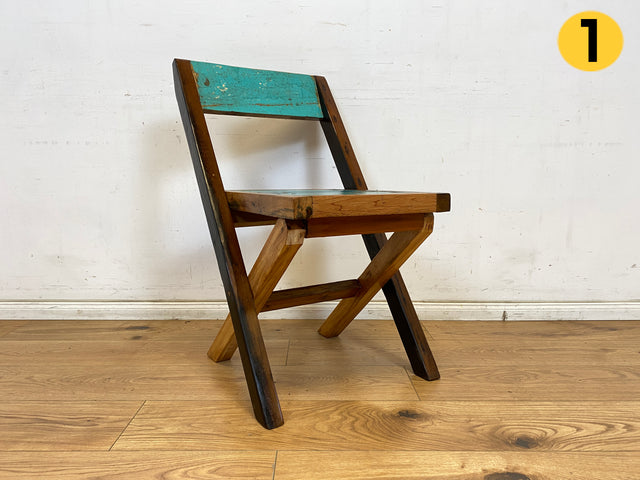 Boatwood by WMK # 1/2 Besonderer Klappstuhl aus altem Bootsholz mit original Bootsfarbe, ein handgefertigtes Unikat aus massivem Teakholz # Stuhl Küchenstuhl Holzstuhl Chair Campingstuhl Balkonstuhl