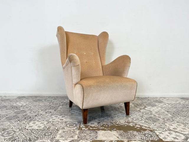WMK Stilvoller und sehr gut erhaltener skandinavischer Ohrensessel mit Samtbezug und bequemen Federkernsitz # Sessel Loungesessel Lesesessel Relaxsessel Easychair Mid-Century Vintage Danish Design