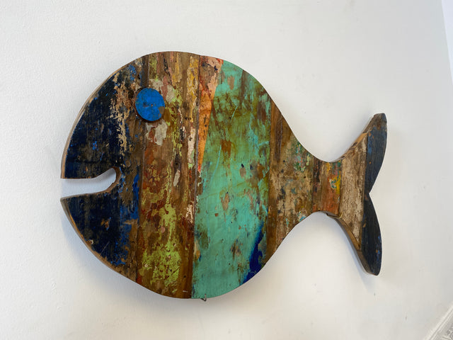 Boatwood by WMK # Großer nachhaltiger Südseefisch (105x53cm) aus altem Bootsholz, ein handgefertigtes Unikat aus massivem Teakholz # Fisch Holzfisch Dekofisch Dekoration Wanddekoration Holzbild Meer