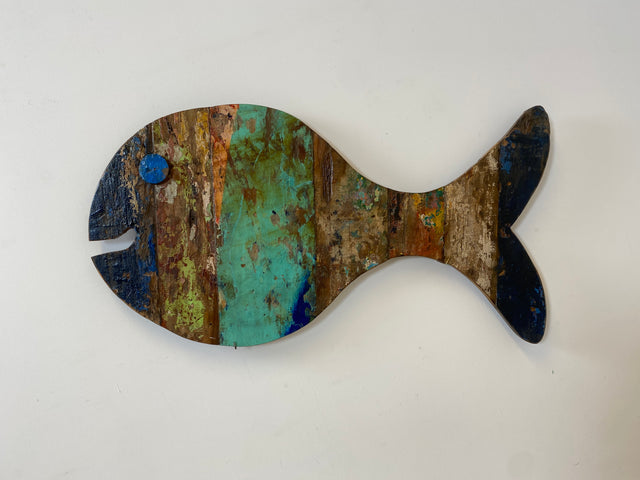 Boatwood by WMK # Großer nachhaltiger Südseefisch (105x53cm) aus altem Bootsholz, ein handgefertigtes Unikat aus massivem Teakholz # Fisch Holzfisch Dekofisch Dekoration Wanddekoration Holzbild Meer