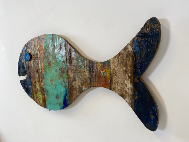 Boatwood by WMK # Großer nachhaltiger Südseefisch (105x53cm) aus altem Bootsholz, ein handgefertigtes Unikat aus massivem Teakholz # Fisch Holzfisch Dekofisch Dekoration Wanddekoration Holzbild Meer