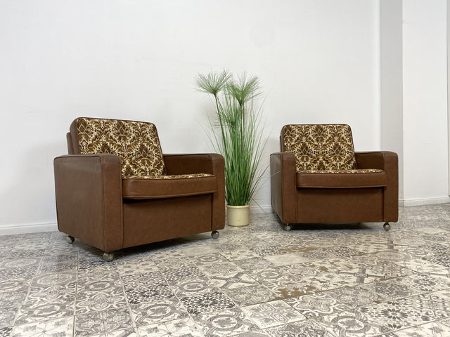 WMK 1/2 Kultiger & bequemer Retro Sessel , bezogen mit floralem Stoff & Kunstleder und auf hübschen Rollen # Clubsessel Lesesessel Stuhl Sitzgruppe Sitzgarnitur Vintage Space Age 70er