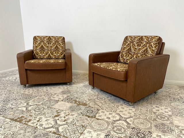 WMK 1/2 Kultiger & bequemer Retro Sessel , bezogen mit floralem Stoff & Kunstleder und auf hübschen Rollen # Clubsessel Lesesessel Stuhl Sitzgruppe Sitzgarnitur Vintage Space Age 70er