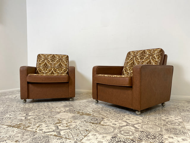 WMK 1/2 Kultiger & bequemer Retro Sessel , bezogen mit floralem Stoff & Kunstleder und auf hübschen Rollen # Clubsessel Lesesessel Stuhl Sitzgruppe Sitzgarnitur Vintage Space Age 70er