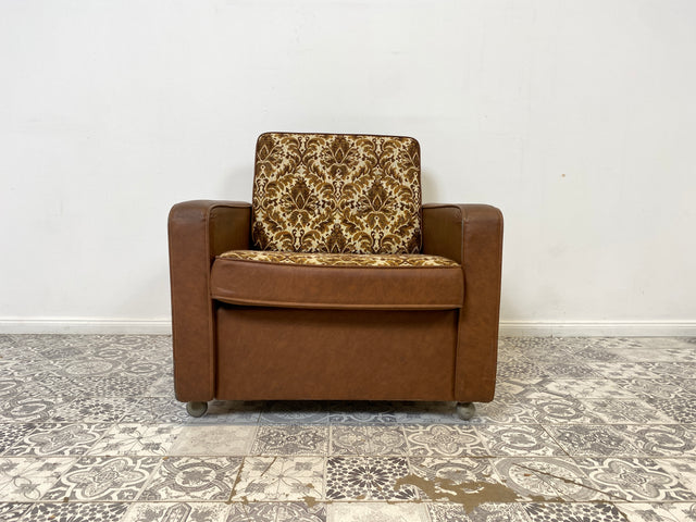 WMK 1/2 Kultiger & bequemer Retro Sessel , bezogen mit floralem Stoff & Kunstleder und auf hübschen Rollen # Clubsessel Lesesessel Stuhl Sitzgruppe Sitzgarnitur Vintage Space Age 70er