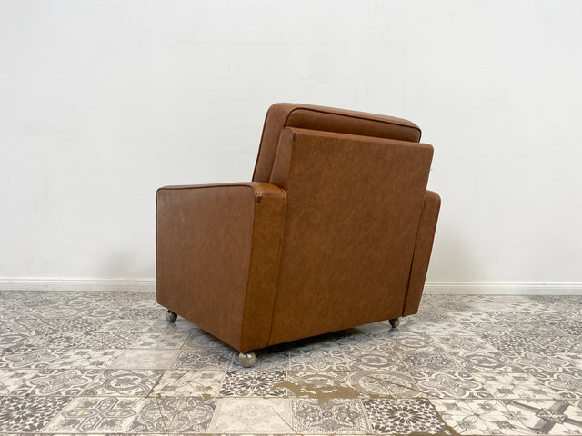 WMK 1/2 Kultiger & bequemer Retro Sessel , bezogen mit floralem Stoff & Kunstleder und auf hübschen Rollen # Clubsessel Lesesessel Stuhl Sitzgruppe Sitzgarnitur Vintage Space Age 70er