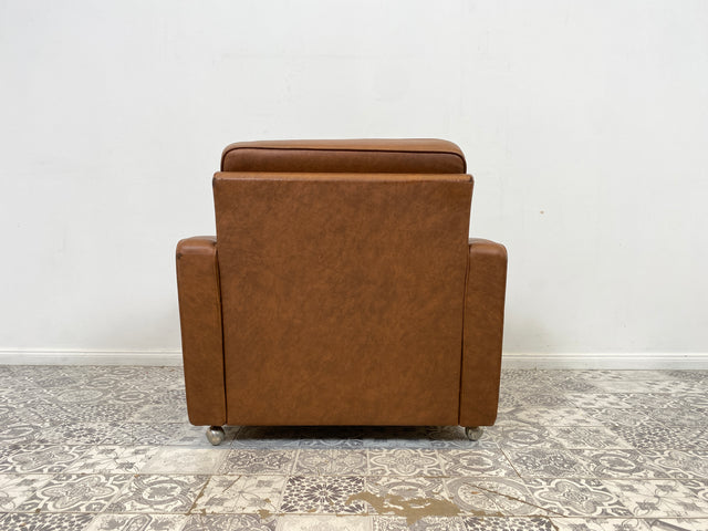 WMK 1/2 Kultiger & bequemer Retro Sessel , bezogen mit floralem Stoff & Kunstleder und auf hübschen Rollen # Clubsessel Lesesessel Stuhl Sitzgruppe Sitzgarnitur Vintage Space Age 70er