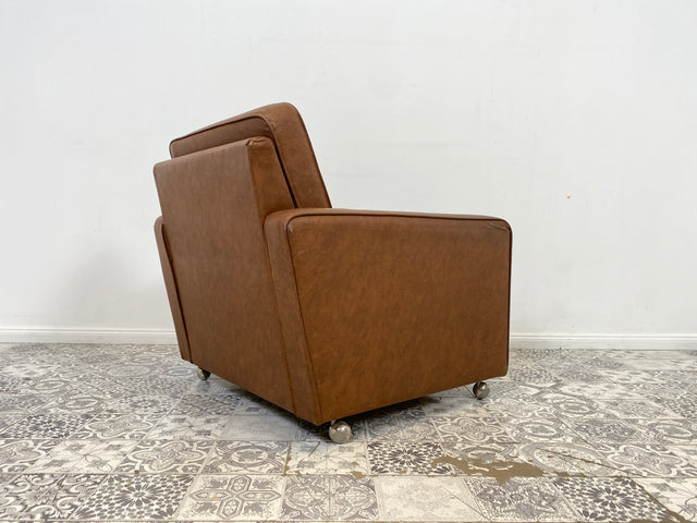 WMK 1/2  Kultiger & bequemer Retro Sessel , bezogen mit floralem Stoff & Kunstleder und auf hübschen Rollen # Clubsessel Lesesessel Stuhl Sitzgruppe Sitzgarnitur Vintage Space Age 70er