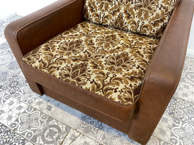 WMK 1/2 Kultiger & bequemer Retro Sessel , bezogen mit floralem Stoff & Kunstleder und auf hübschen Rollen # Clubsessel Lesesessel Stuhl Sitzgruppe Sitzgarnitur Vintage Space Age 70er