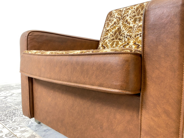 WMK 1/2  Kultiger & bequemer Retro Sessel , bezogen mit floralem Stoff & Kunstleder und auf hübschen Rollen # Clubsessel Lesesessel Stuhl Sitzgruppe Sitzgarnitur Vintage Space Age 70er