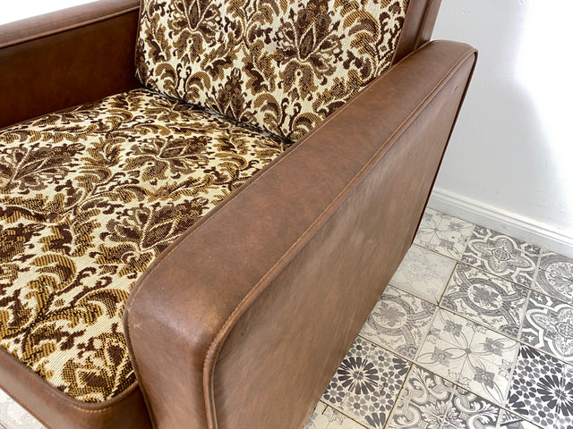 WMK 1/2 Kultiger & bequemer Retro Sessel , bezogen mit floralem Stoff & Kunstleder und auf hübschen Rollen # Clubsessel Lesesessel Stuhl Sitzgruppe Sitzgarnitur Vintage Space Age 70er