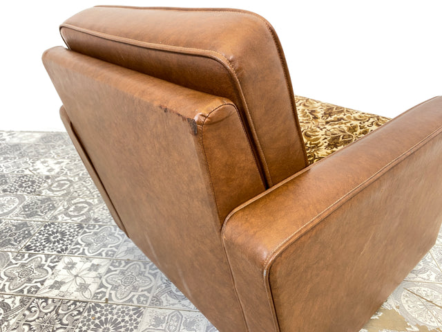 WMK 1/2 Kultiger & bequemer Retro Sessel , bezogen mit floralem Stoff & Kunstleder und auf hübschen Rollen # Clubsessel Lesesessel Stuhl Sitzgruppe Sitzgarnitur Vintage Space Age 70er