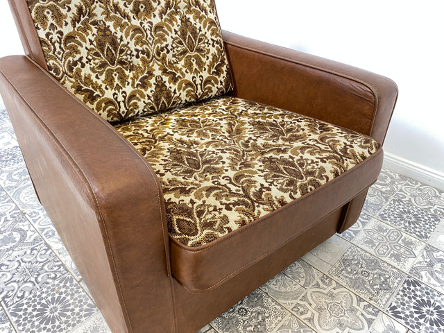 WMK 1/2 Kultiger & bequemer Retro Sessel , bezogen mit floralem Stoff & Kunstleder und auf hübschen Rollen # Clubsessel Lesesessel Stuhl Sitzgruppe Sitzgarnitur Vintage Space Age 70er