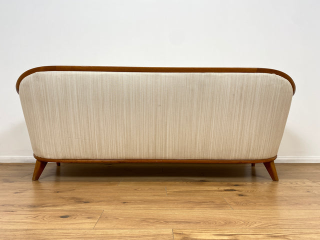 WMK Sehr elegantes und gut erhaltenes skandinavisches Mid-Century Sofa mit edlem Holzrahmen aus Teak und weißem Originalbezug # Couch 3-Sitzer 3er Sitzgarnitur 50er 60er Danish Design Vintage Teakholz