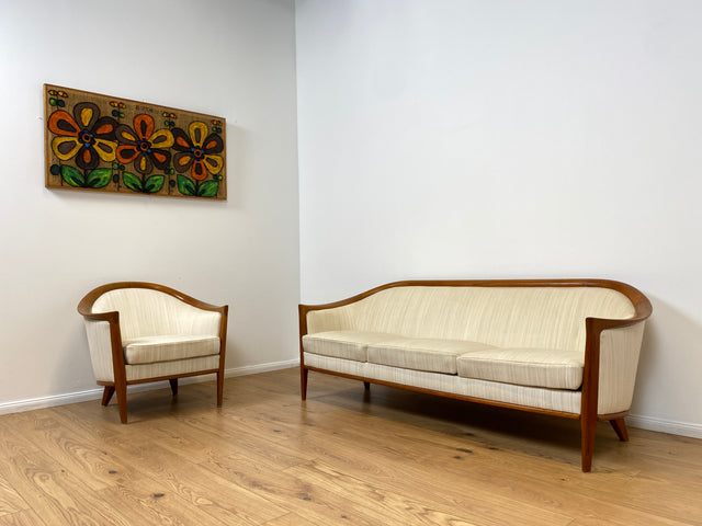 WMK Sehr elegantes und gut erhaltenes skandinavisches Mid-Century Sofa mit edlem Holzrahmen aus Teak und weißem Originalbezug # Couch 3-Sitzer 3er Sitzgarnitur 50er 60er Danish Design Vintage Teakholz